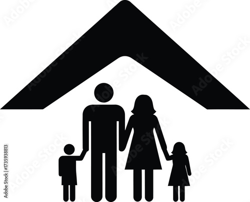 Black Silhouette of a Family Under a Protective Roof Icon home protection