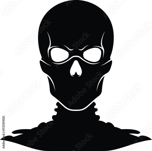 Black Silhouette of a Human Skull with Detailed Rib Cage and Intense Eyes on White Background