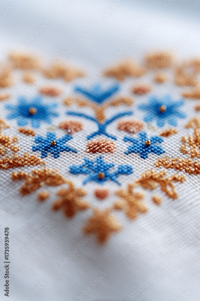 Fototapeta premium Detailed closeup showcasing exquisite handmade crossstitch embroidery on white fabric. Features blue floral golden leaf patterns. Perfect for crafts, traditions, and culture themes.