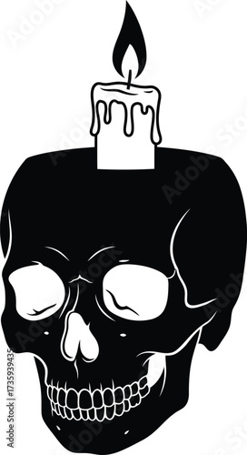 Black Silhouette of a Skull with a Burning Candle on Top on White Background fire