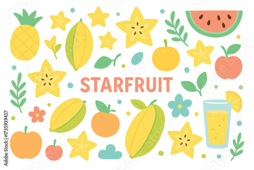 Colorful tropical fruit pattern featuring starfruit and citrus elements