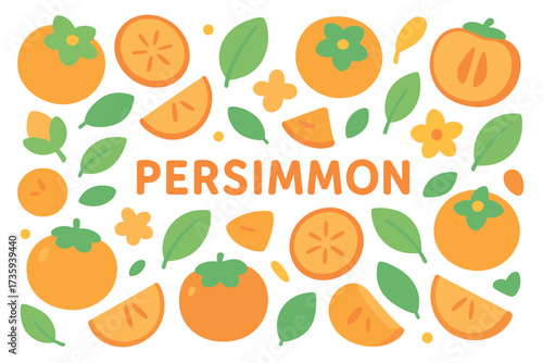 Colorful persimmon pattern with leaves and slices on white background