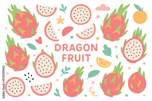 Colorful dragon fruit pattern with slices and whole fruits on white background