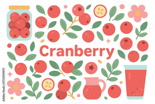 Cranberry pattern with leaves, jars, and juice elements in a playful design