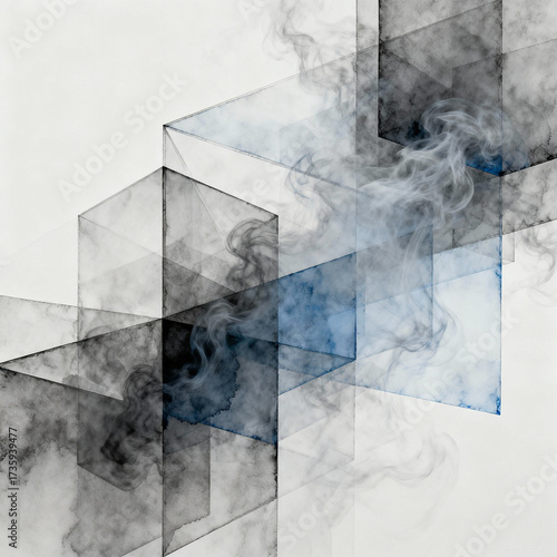 Abstract transparent cubes intersecting with smoky texture and soft gradients.