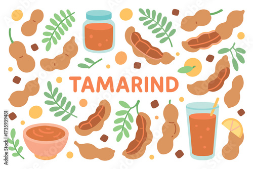 Tamarind: pods, leaves, juice, and paste illustration on white background