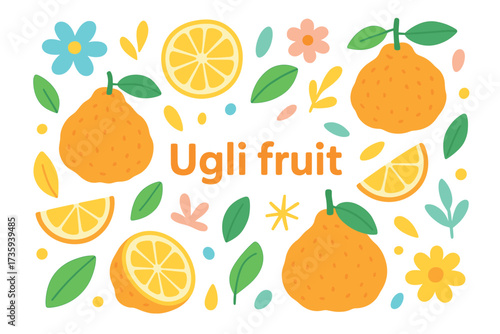 Colorful ugli fruit pattern with citrus slices and floral elements