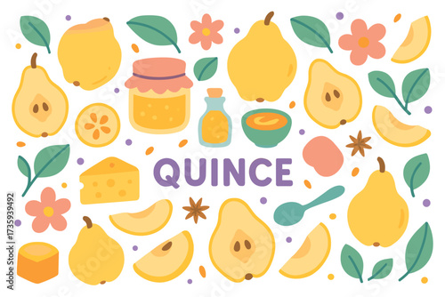 Colorful quince pattern: jars, fruits, leaves, and floral elements