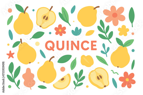 Colorful quince pattern with flowers and leaves on a white background