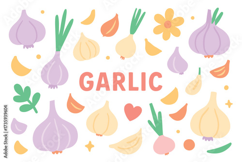 Colorful garlic and herb illustration with stylized vegetables