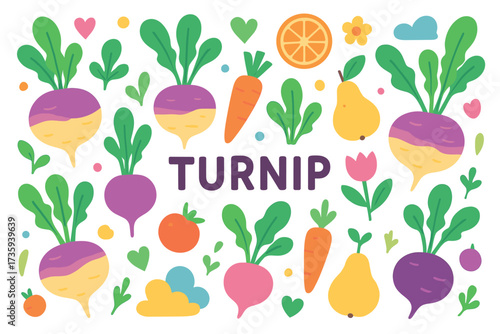 Colorful turnip and vegetable pattern with fruits and floral elements