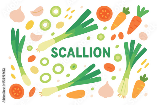 Colorful scallion and vegetable pattern with carrots and tomatoes