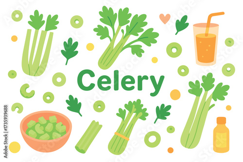 Celery and juice illustration with fresh organic vegetables and beverages