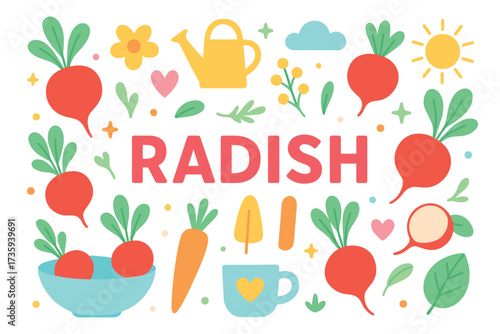 Colorful radish-themed illustration with vegetables and garden elements