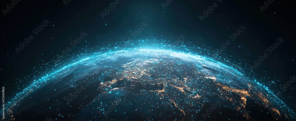 Obraz premium A detailed view of Earth, illuminated by glowing particles, showcasing global connectivity from space.