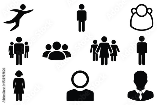 Vector art of collection of various people icons in black and white, the icons represent different genders, groups, and activities