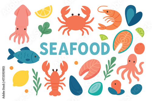 Colorful seafood variety featuring crab, shrimp, lobster, and fish