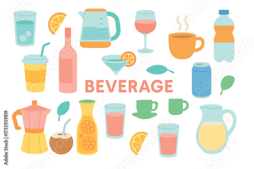 Colorful beverage collection featuring various drinks and containers
