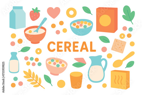 Colorful cereal illustration with breakfast elements and milk