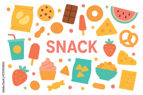 Colorful assortment of snacks and treats with various sweets and savory bites
