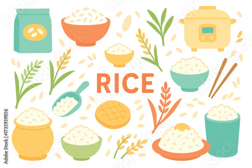 Colorful rice elements with bowls, cooker, and plants on white background