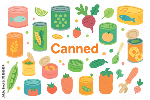 Colorful display of various canned fruits and vegetables with fresh produce illustrations