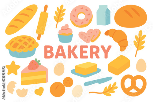 Colorful bakery elements: bread, pastries, desserts, and baking ingredients