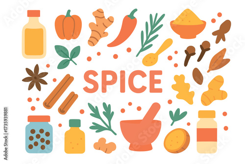 Colorful spice collection: herbs, seasonings, and ingredients illustration