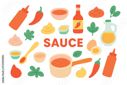 Assorted sauce ingredients and condiments illustration with bold colors