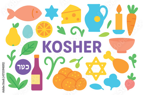 Colorful kosher food elements and symbols on white background