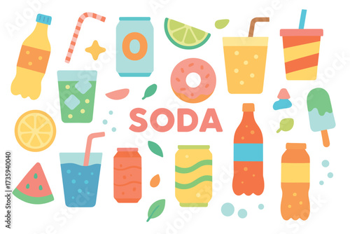 Colorful soda and snack illustration with various fun beverages and treats