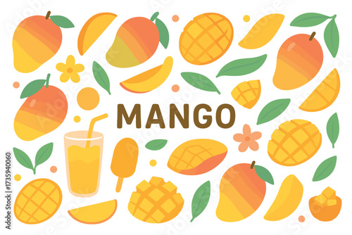 Colorful mango collection: slices, leaves, and juice surrounding bold text