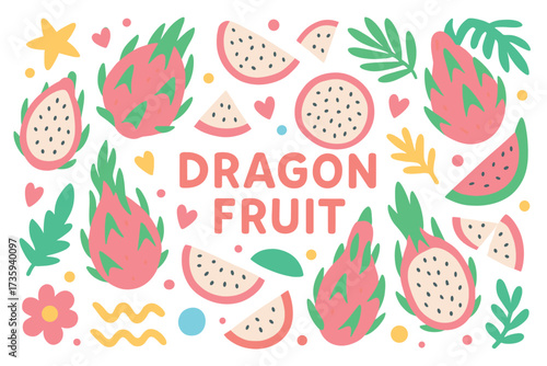 Colorful dragon fruit and tropical elements with abstract shapes