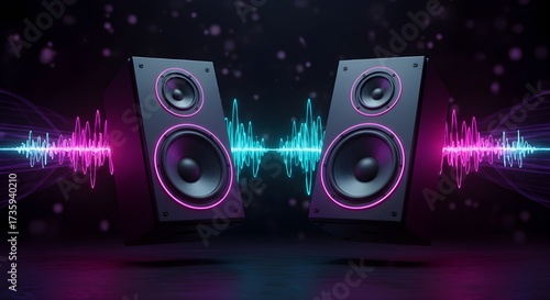 Creative 3D speakers with colorful sound wave and glowing neon lights