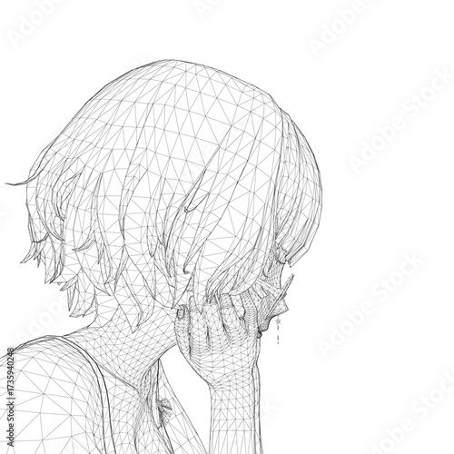 A distressed girl with glasses rests her head in her hands, depicted in a black and white wireframe drawing that conveys deep sadness and despair.