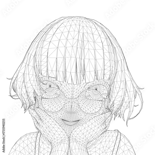 A girl with glasses and a wireframe drawing of her face rests her chin on her hands. Her eyes are closed in a peaceful, serene expression against a white background.