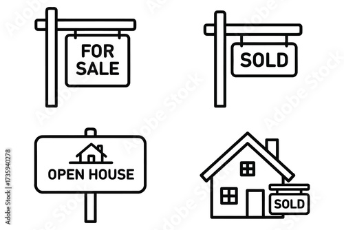 Vector art of real estate signs, featuring for sale, sold, and open house signs, along with a house icon for propertyrelated designs