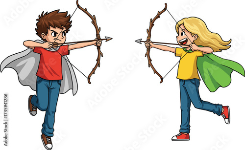 Cartoon superhero children with bows and arrows, kids with capes, archery duel, action, adventure, colorful illustration, childhood heroes, comic style