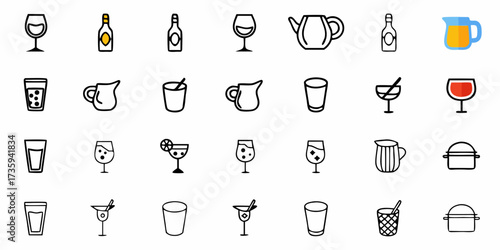 Find the perfect modern drink and beverage icons like elegant wine glasses, versatile bottles, and charming pitchers to enhance menus, apps, and web design projects.