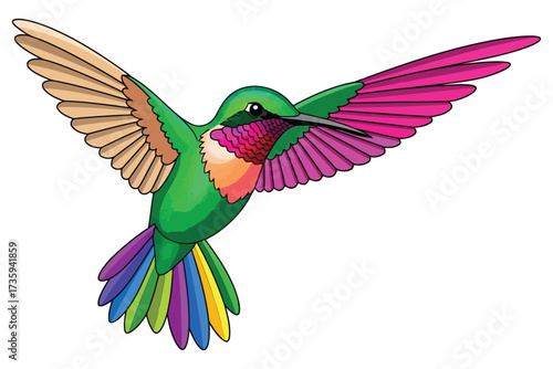 Vector art of a colorful hummingbird with wings spread, showcasing vibrant hues of green, pink, and yellow, , creating a whimsical and eyecatching illustration of natures beauty