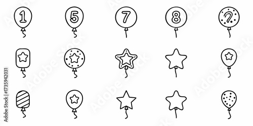 Charming hand drawn doodle balloons featuring numbers and stars bring a playful, festive touch perfect for birthdays, celebrations, and fun event designs