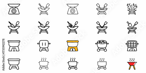 Discover a versatile set of hand-drawn cooking and grilling icons, including essential kitchen scales, barbecue grills, and various food preparation tools for delicious meals.