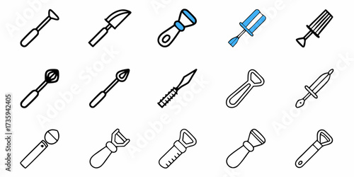 Dynamic collection of versatile utility and kitchen tools, crafted in a clean outline style, perfect for engaging digital content