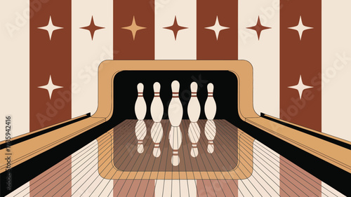 Illustration of bowling pins on a lane with striped background and star decorations in brown and beige