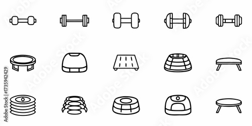 Essential fitness and workout equipment icons for gym apps or health websites featuring modern dumbbells and exercise platforms