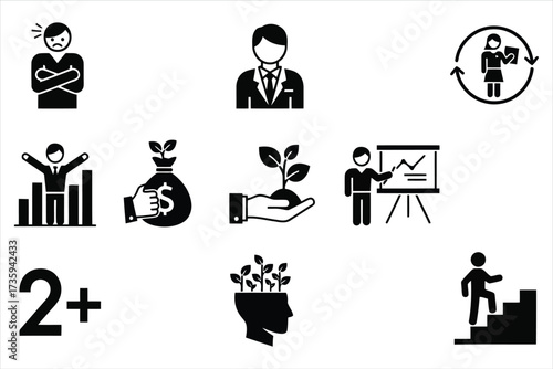 Vector art of business and finance icon set collection of vector symbols representing various aspects of business, growth, success, and communication in a modern style