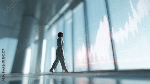Businesswoman analyzing financial data on a large screen. Conceptual shot for finance, investment, growth, and strategy. Modern, clean, professional image.
