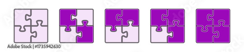 Rectangle shape puzzle pieces vector. Purple three dimensional puzzle set. Collection of puzzle to use for business, strategy, teamwork, analisys, infographics, engineering design project. 