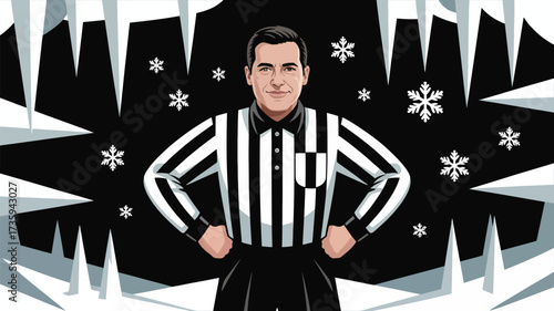 A referee in a striped shirt stands before a background of snowflakes and icicles in a winter scene