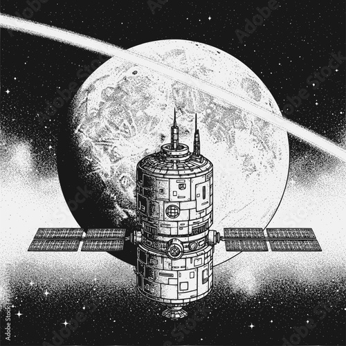 Deep space exploration. Lunar orbital station vector illustration. EPS version.